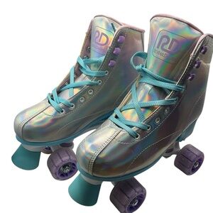 Holographic Kids Roller Skates with Purple and Teal Accents